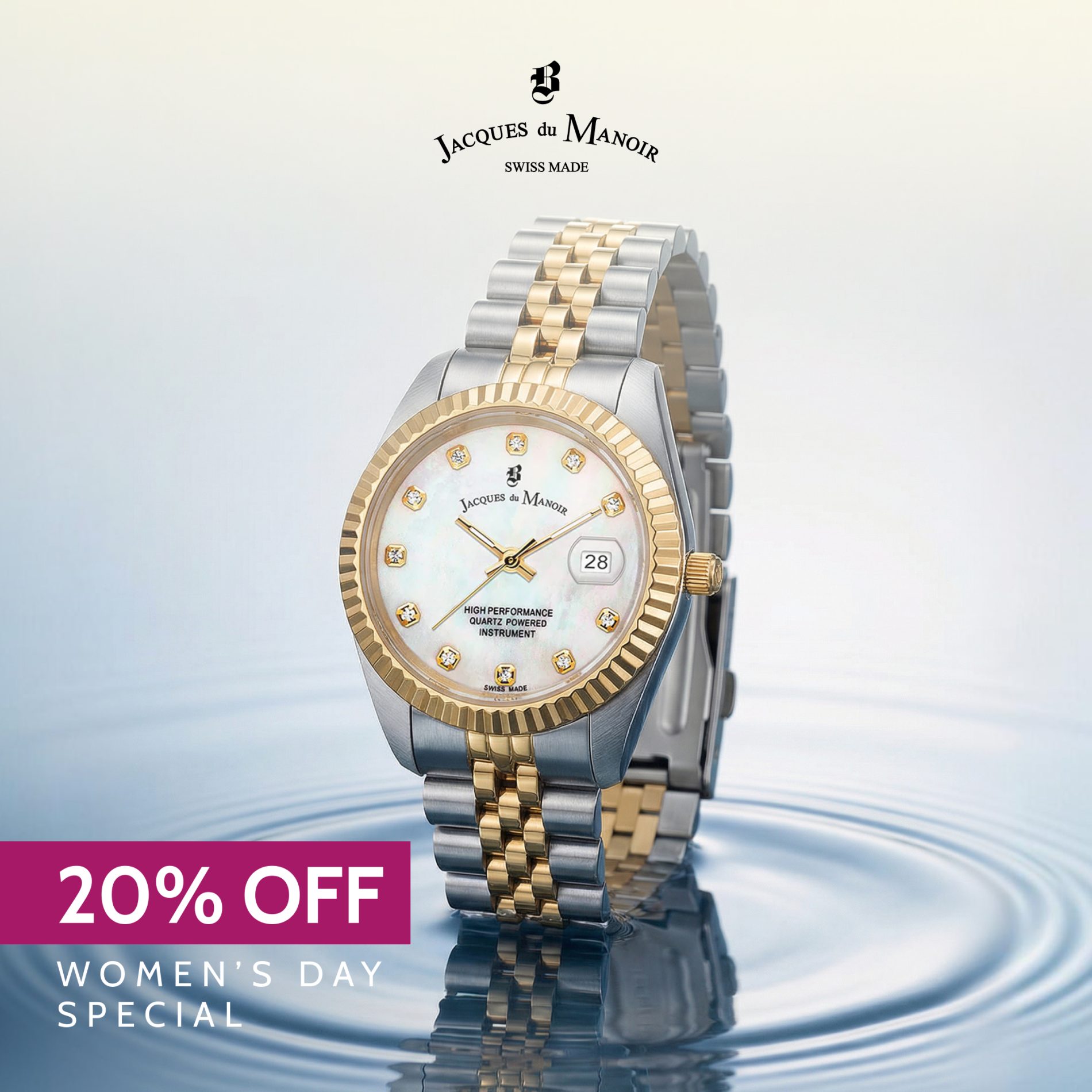 JDM graphic with a watch display reflected in water: 20% off for women's day
