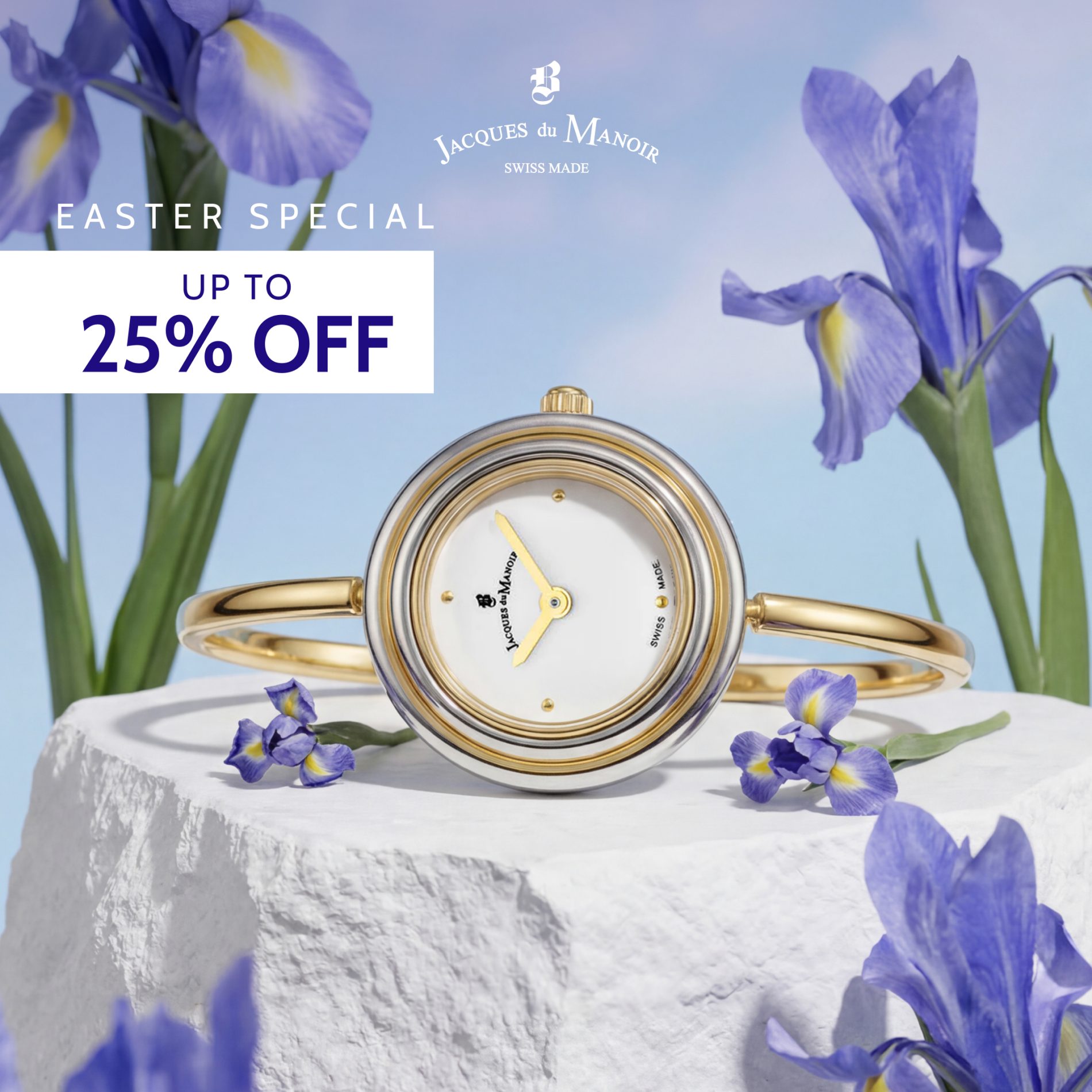 JDM graphic with a watch display: Easter special up to 25% off