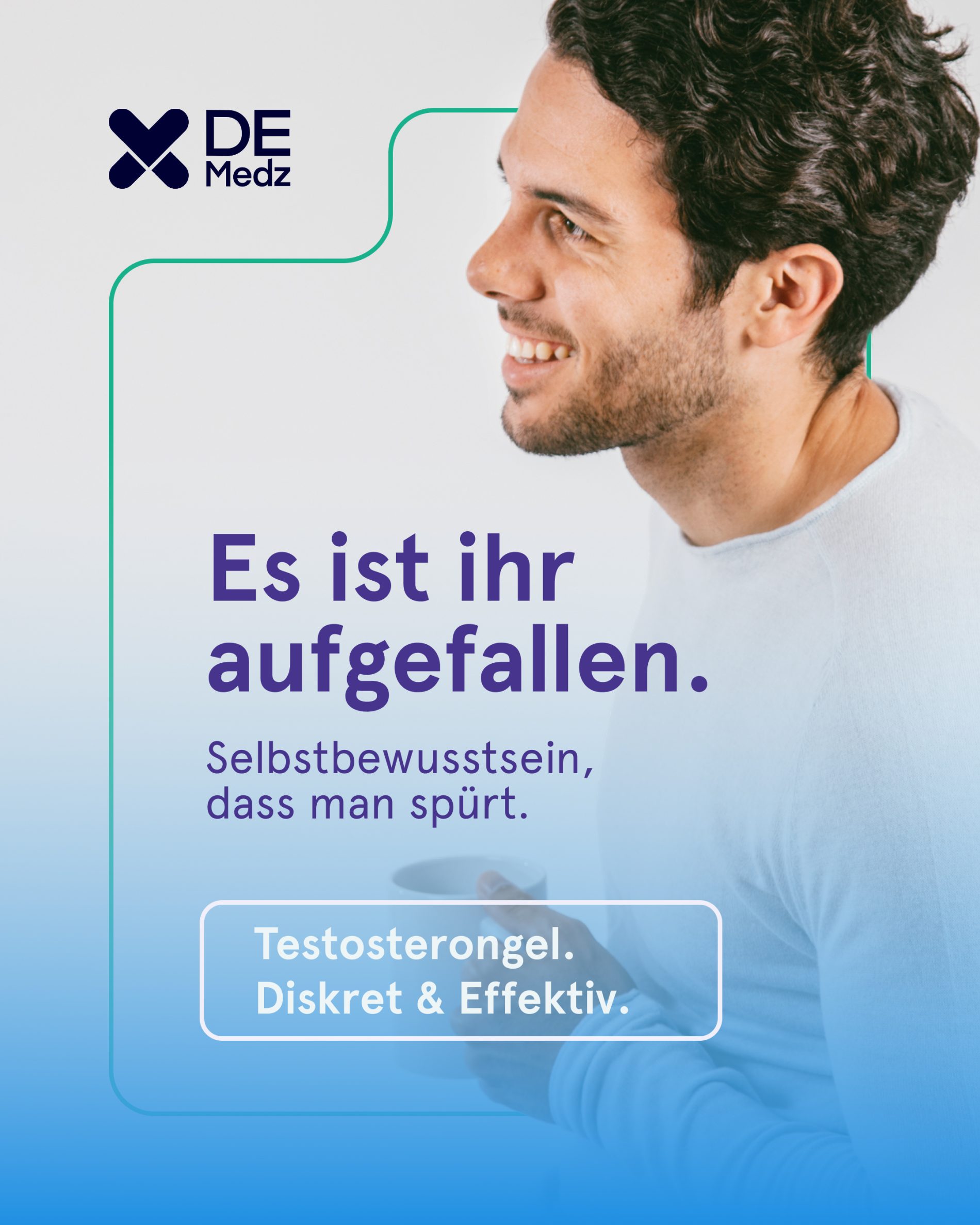 DE Medz graphic with a guy and a heading: Es ist ihr aufgefallen.