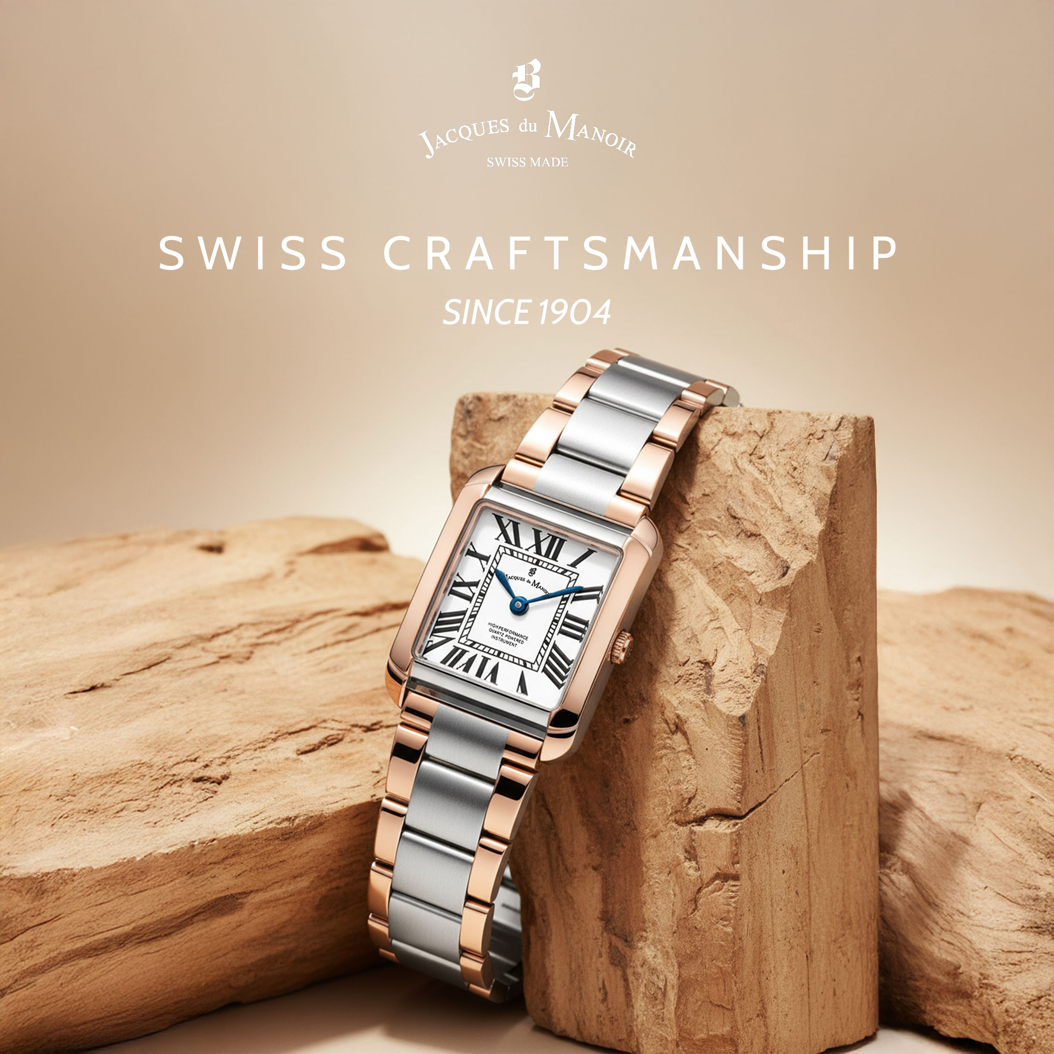 JDM graphic with a watch display: Swiss Craftsmanship since 1904