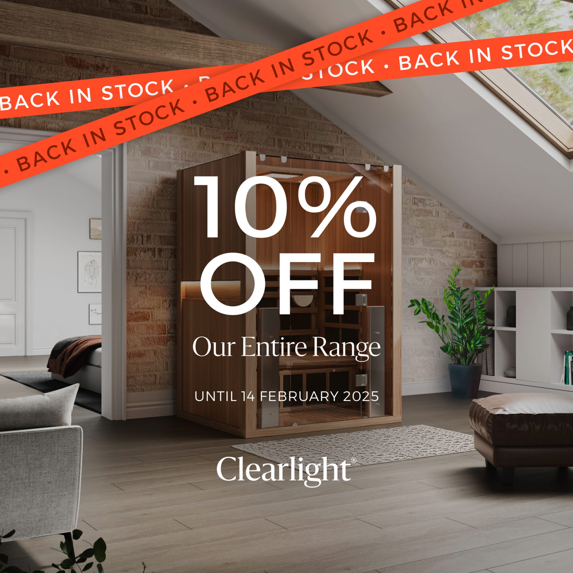A graphic of a sauna with text displaying 10% off offer