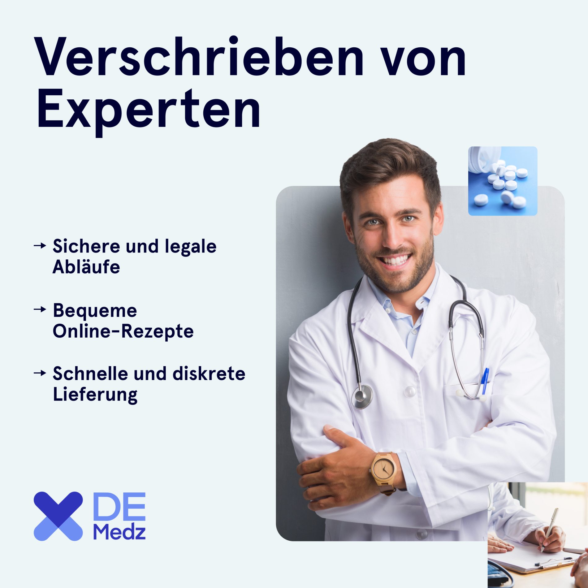 DE Medz graphic with a doctor and a heading: Verschrieben von Experten.
