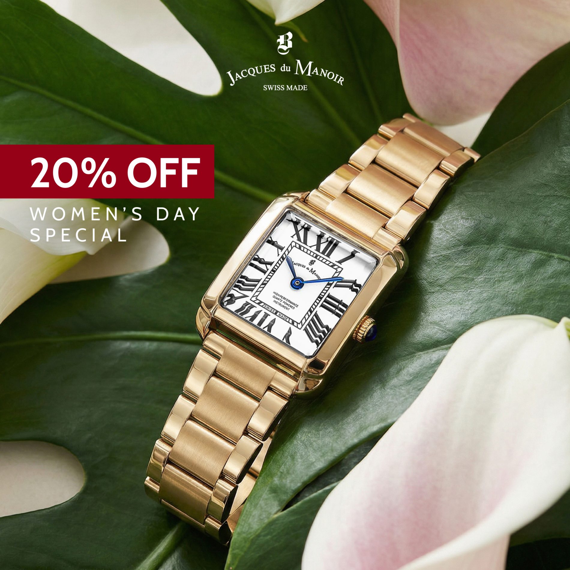 JDM graphic with a watch display: 20% off for women's day